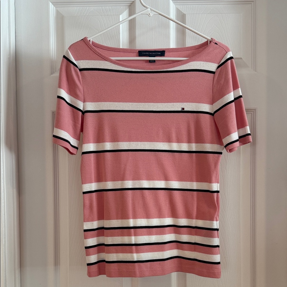 Tommy Hilfiger Women's Pink and White Striped Tee